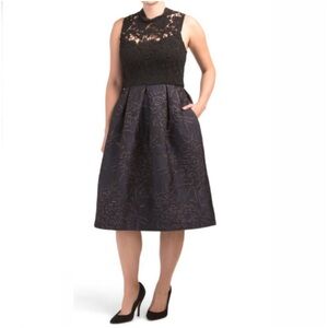 Hutch Kat Navy & Gold Metallic Jacquard Black Lace Zip & Tie‎ Back Dress Size 8